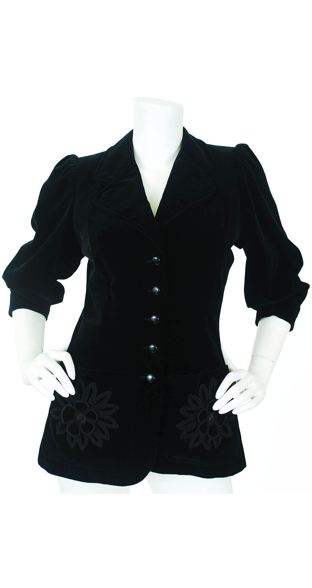 c.1970 Black Velvet Flower Applique Jacket