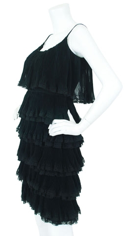 1960s Tiered Black Silk Chiffon Party Dress