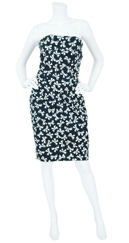 1987 S/S Documented Bow Print Black & White Cotton Strapless Dress