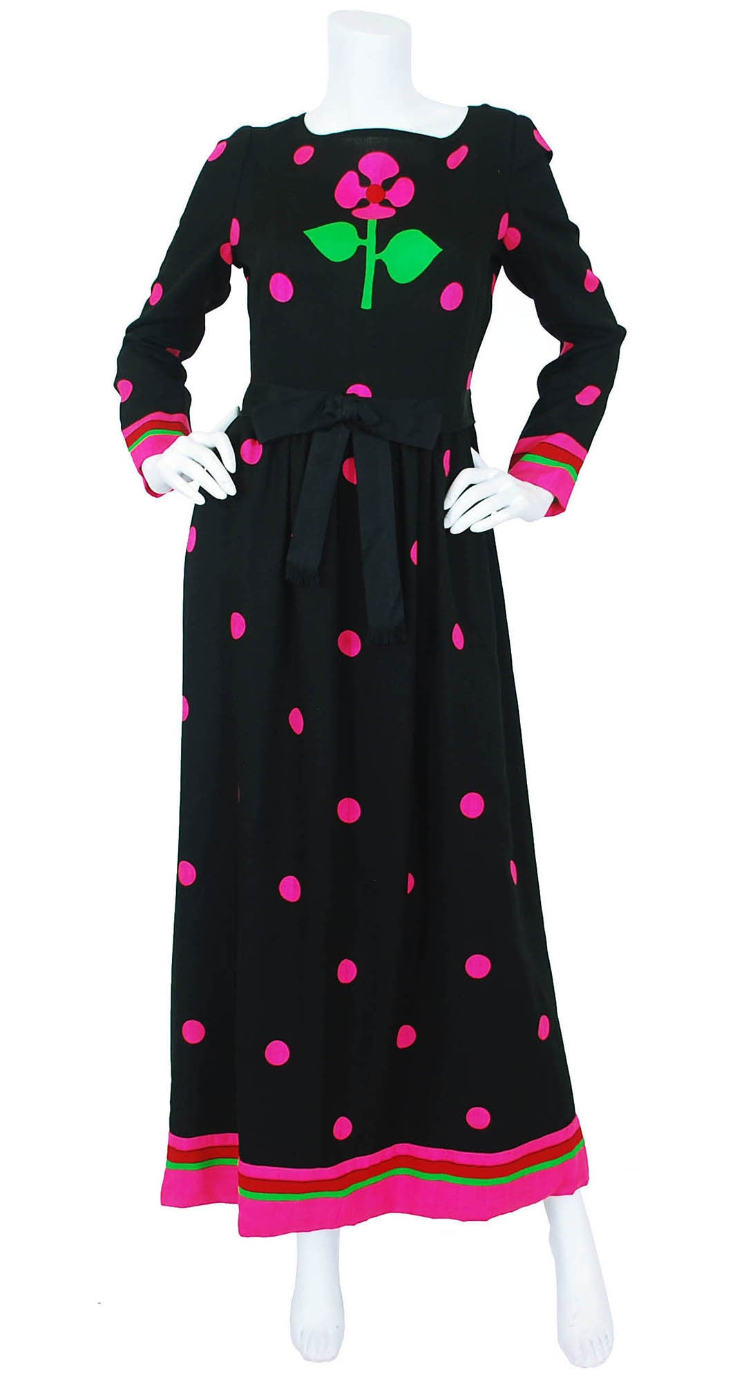 c.1970 Flower Polka-Dot Wool Crepe Maxi Dress