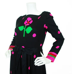c.1970 Flower Polka-Dot Wool Crepe Maxi Dress