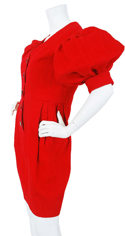 1980's Red Cotton Puff Sleeve Evening Dress