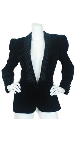 c.1982 Embroidered Lapel Black Velvet Blazer