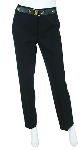 1970s Black Wool Logo Leather Trim Trousers