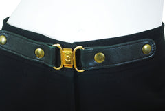 1970s Black Wool Logo Leather Trim Trousers