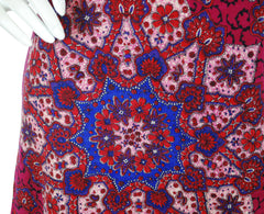 1970s Magenta Floral Kaleidoscope Wool Dress