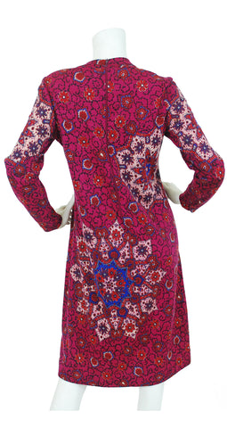 1970s Magenta Floral Kaleidoscope Wool Dress