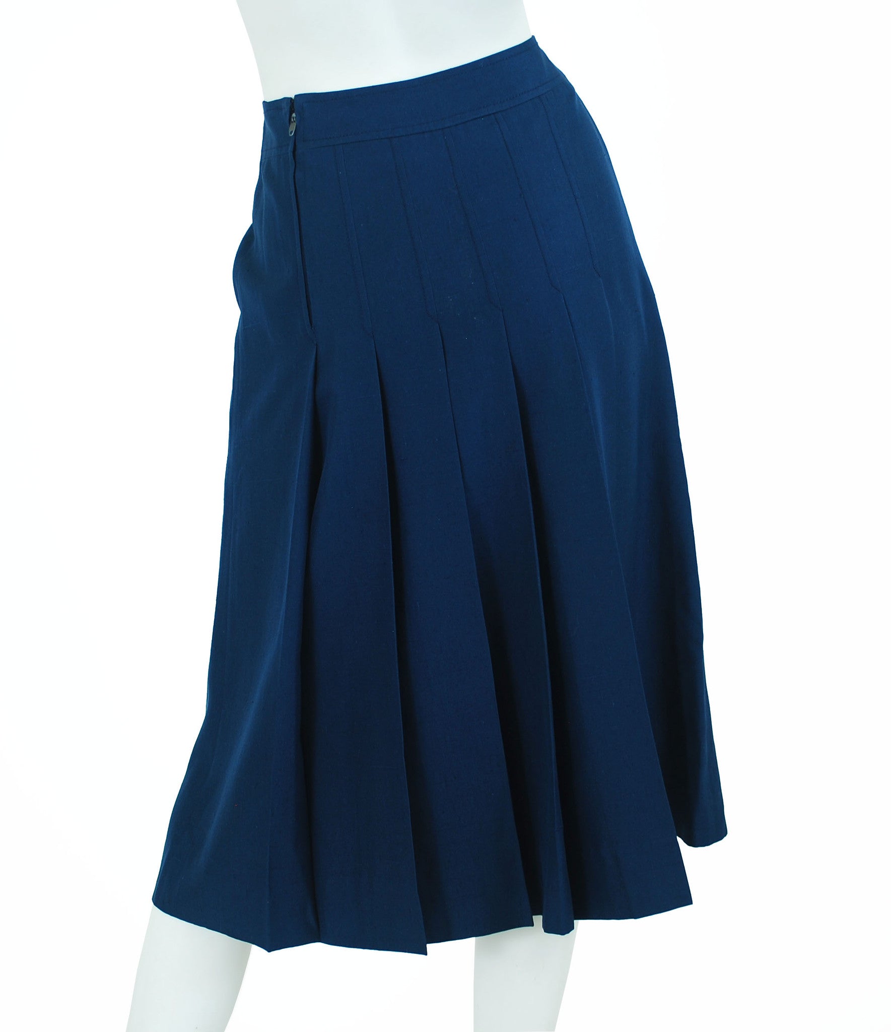 1970s Navy Raw Silk Pleated Skirt