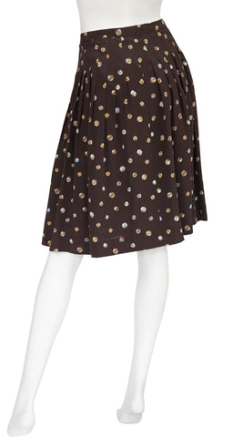 1970s Marble Print Brown Silk Pleated Skirt