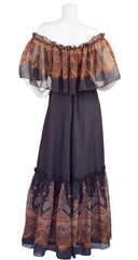 1970s Off-Shoulder Paisley Ruffle Chiffon Maxi Dress
