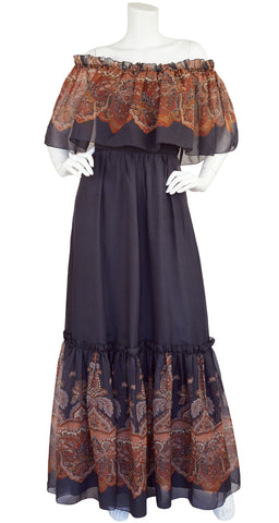 1970s Off-Shoulder Paisley Ruffle Chiffon Maxi Dress