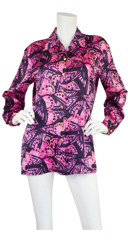 1990s Navy & Pink Butterfly Print Silk Blouse