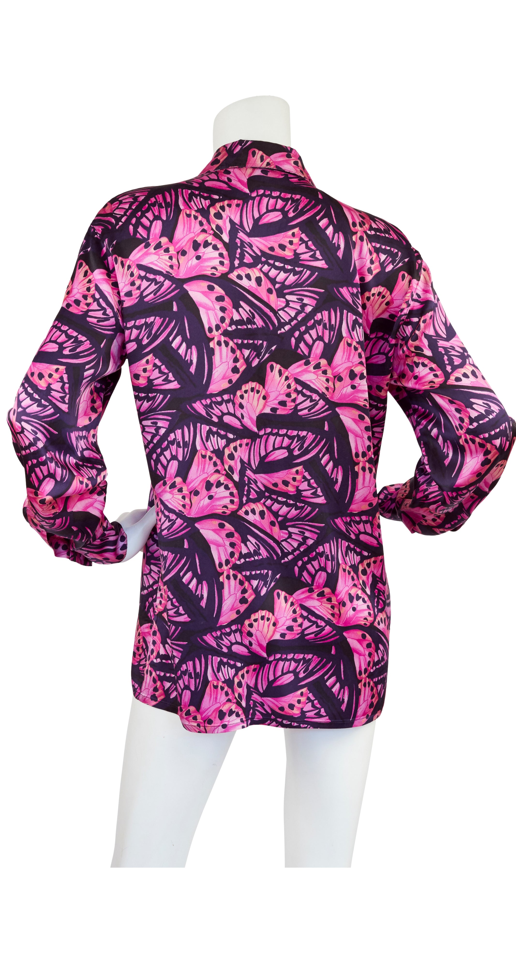 1990s Navy & Pink Butterfly Print Silk Blouse