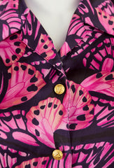 1990s Navy & Pink Butterfly Print Silk Blouse
