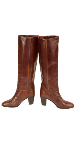 1970s Horsebit Brown Leather Wood Stacked Heel Boots