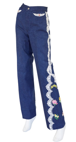 1970s Floral & Lace Appliqué Denim Two-Piece Set