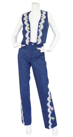 1970s Floral & Lace Appliqué Denim Two-Piece Set