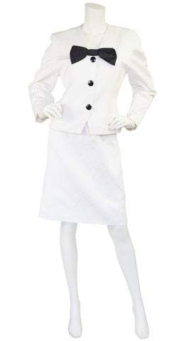 1980s White Cotton Tuxedo Skirt Suit