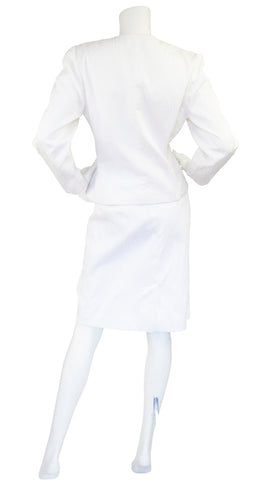 1980s White Cotton Tuxedo Skirt Suit