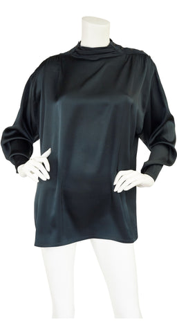 1980s Black Silk Ruched Shoulder Blouse