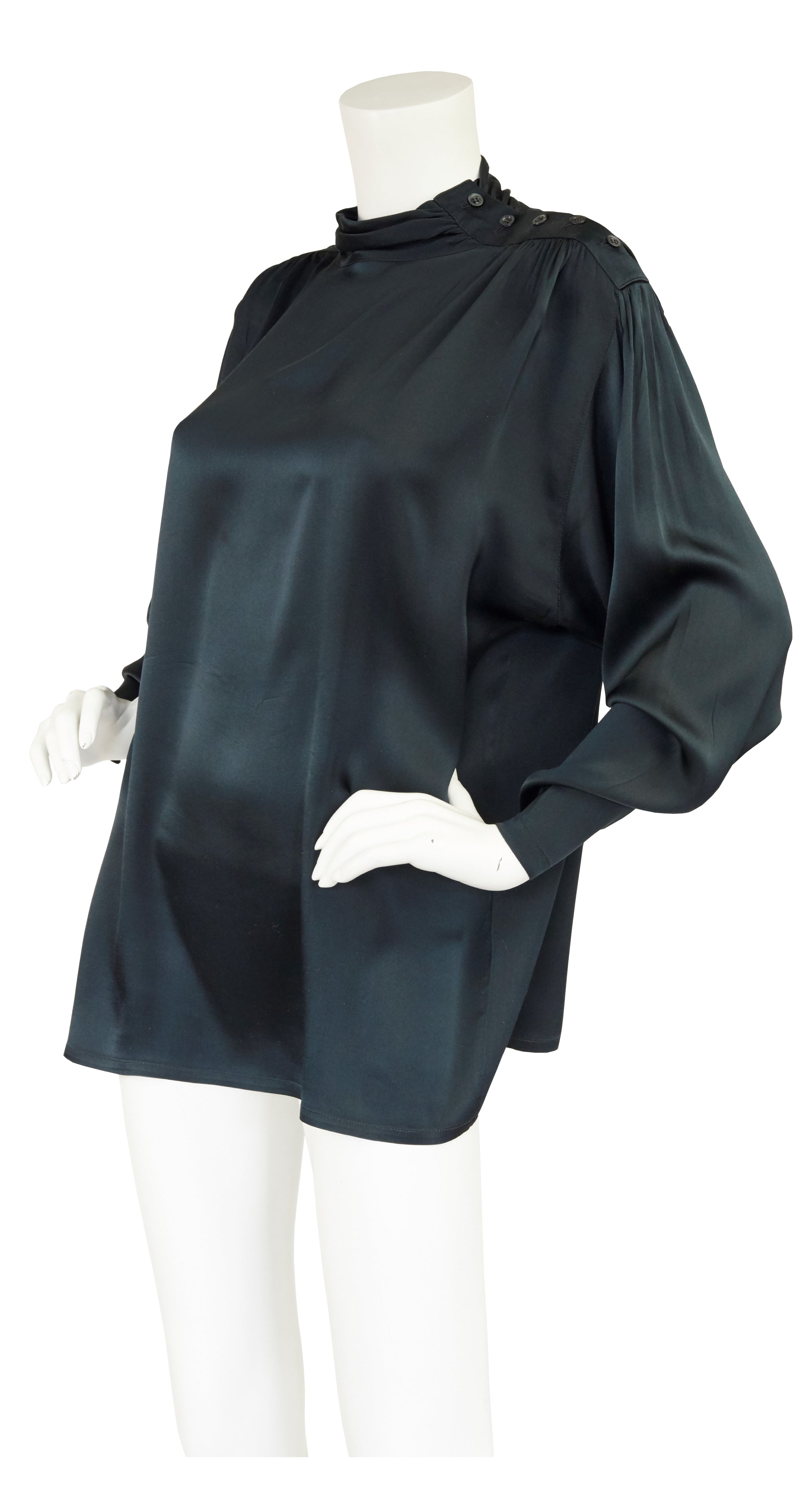 1980s Black Silk Ruched Shoulder Blouse