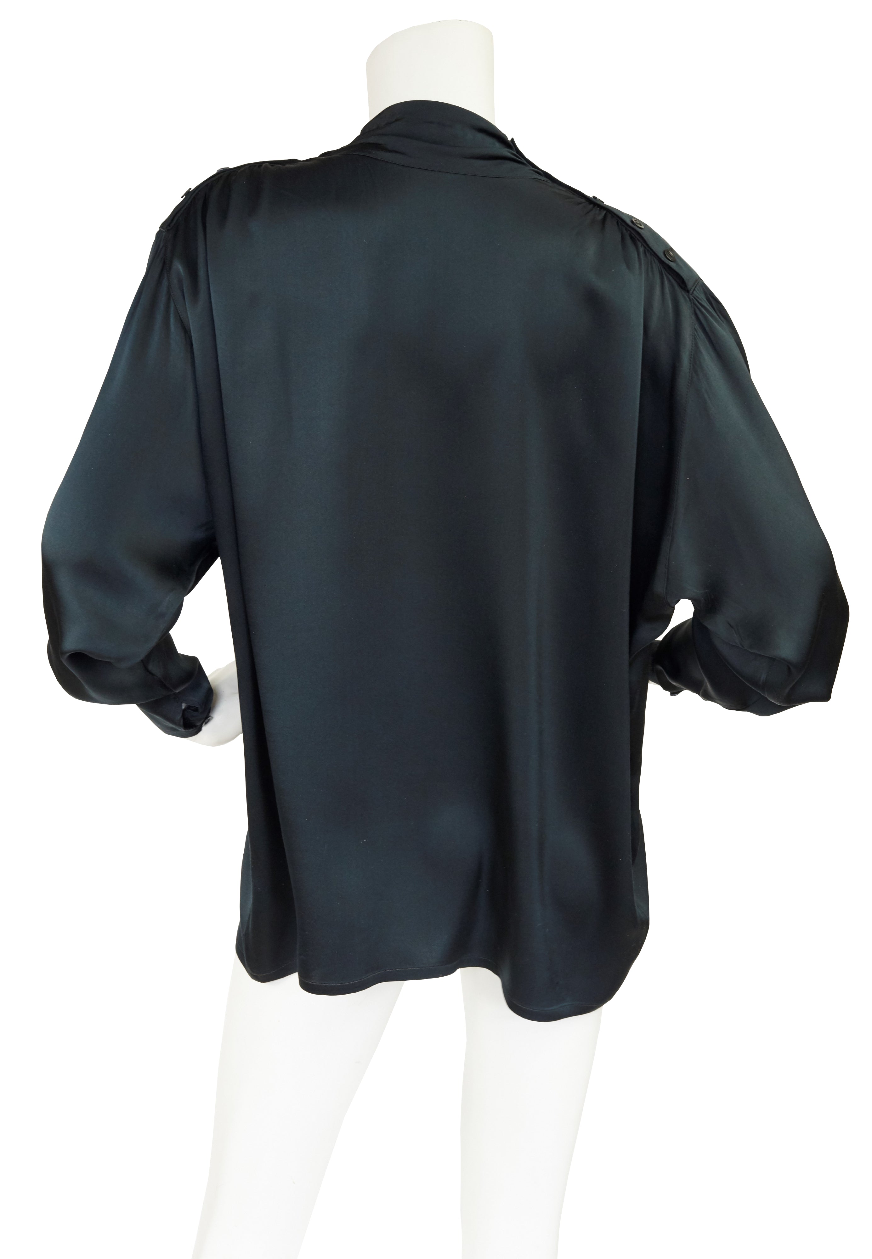 1980s Black Silk Ruched Shoulder Blouse