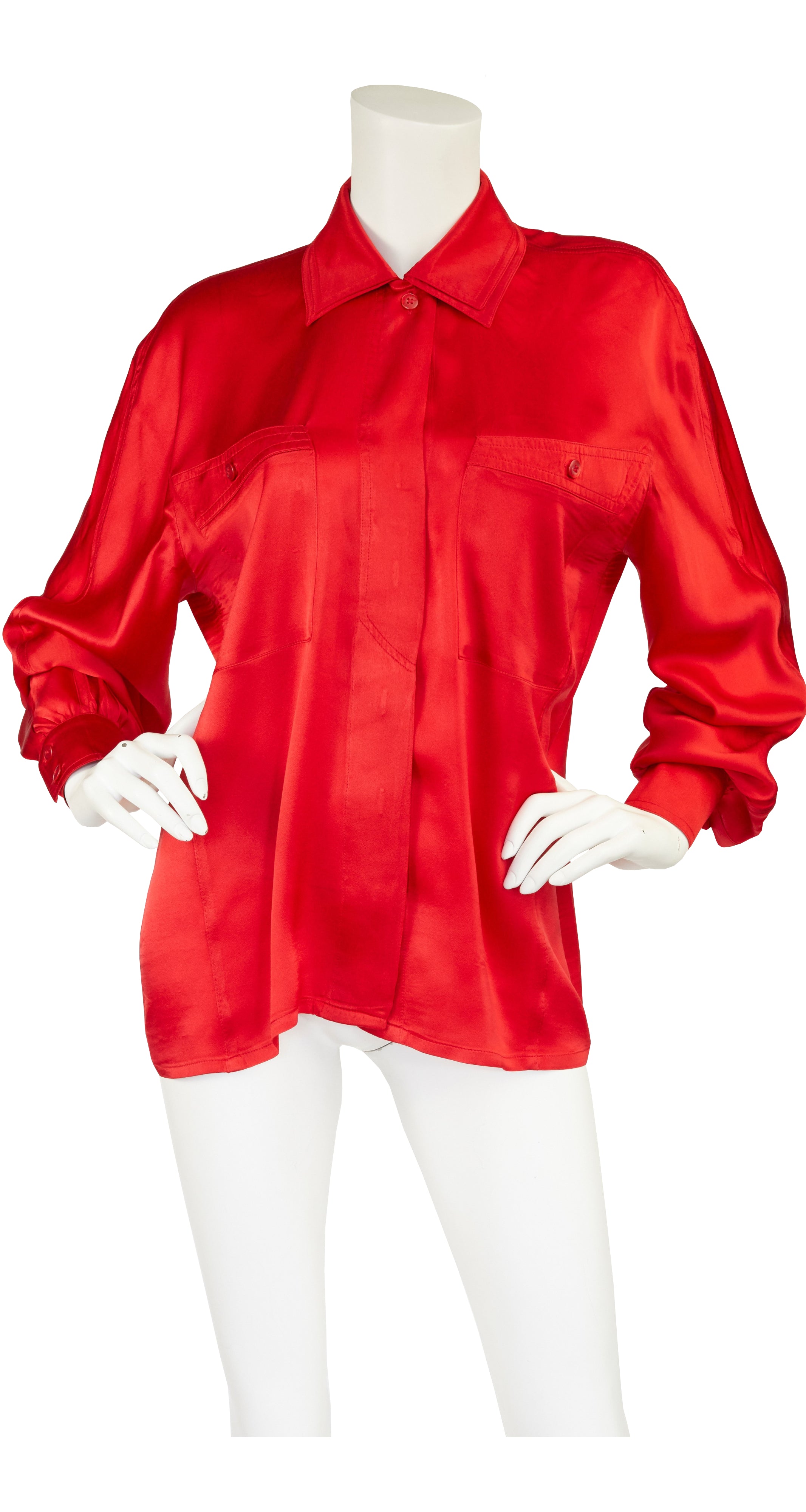 1980s Red Silk Collared Button-Up Blouse