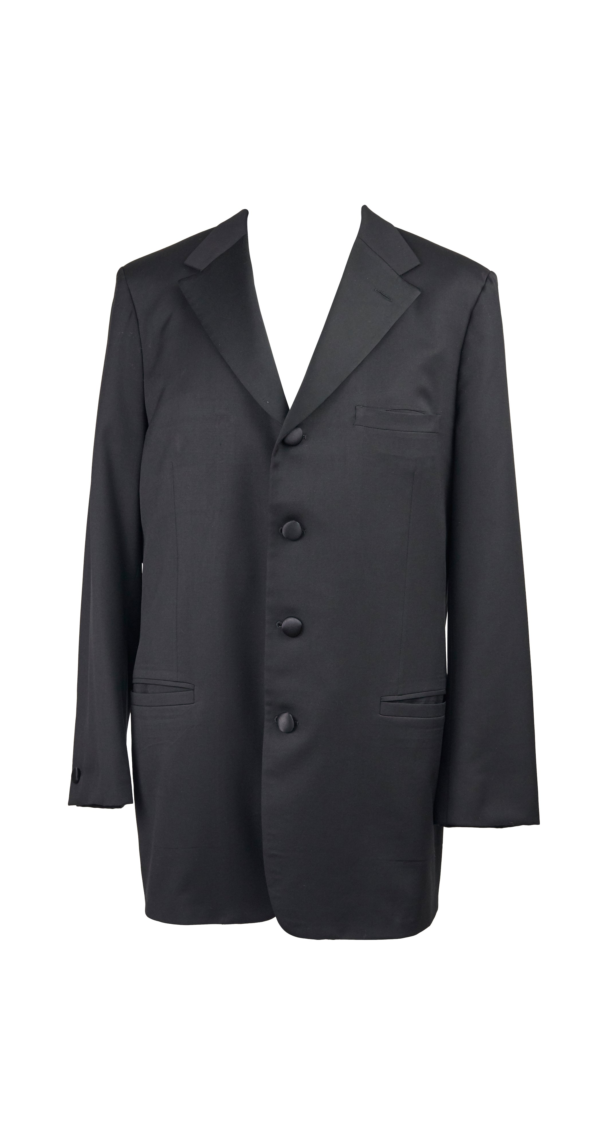 1990s Men's Black Wool and Silk Satin Suit Jacket
