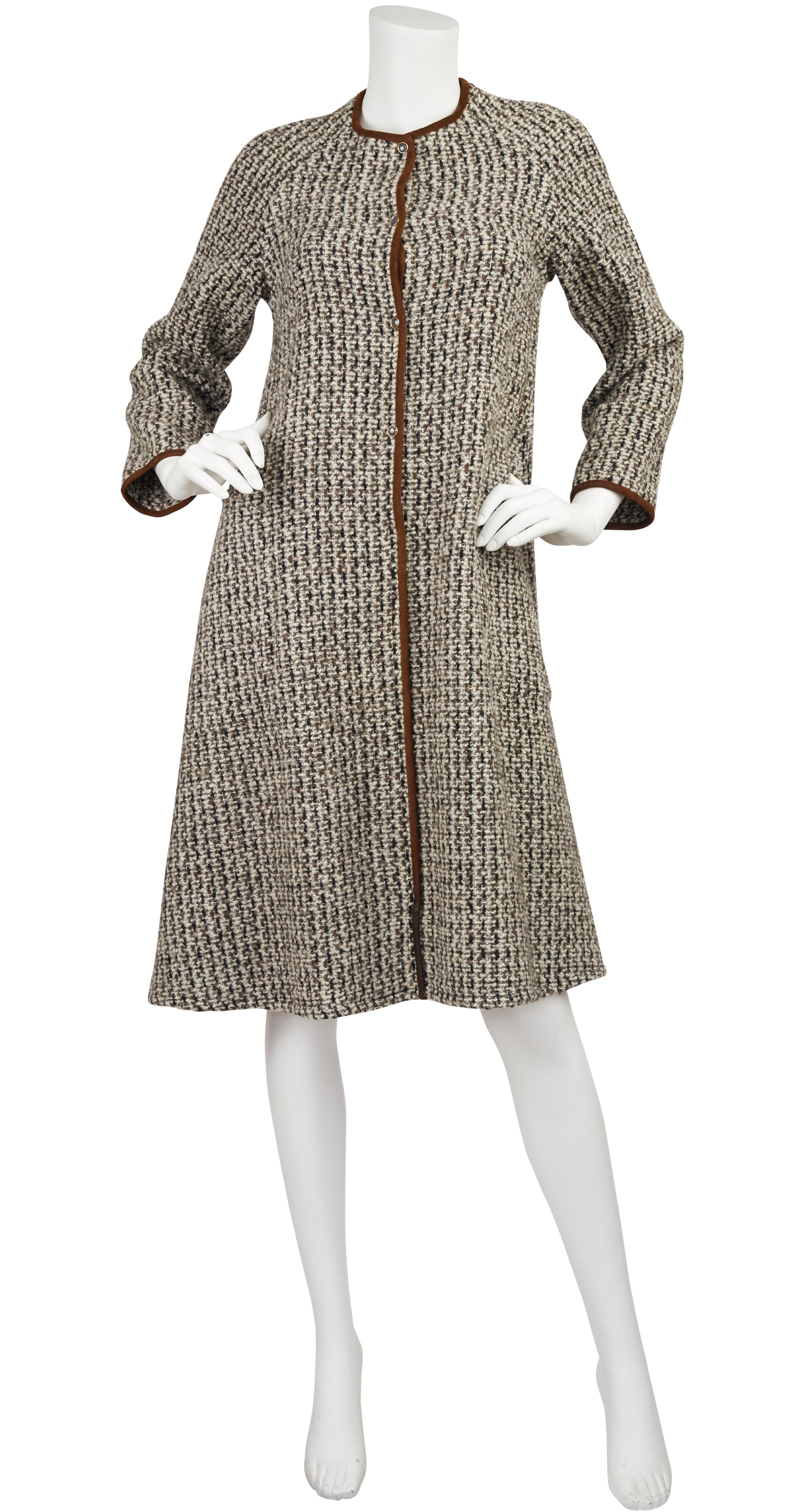 Bonnie Cashin 1960s Sills Tweed & Suede Swing Back Dress Featherstone Vintage Bonnie Cashin 1960s Sills Tweed & Suede Swing Back Dress Featherstone Vintage