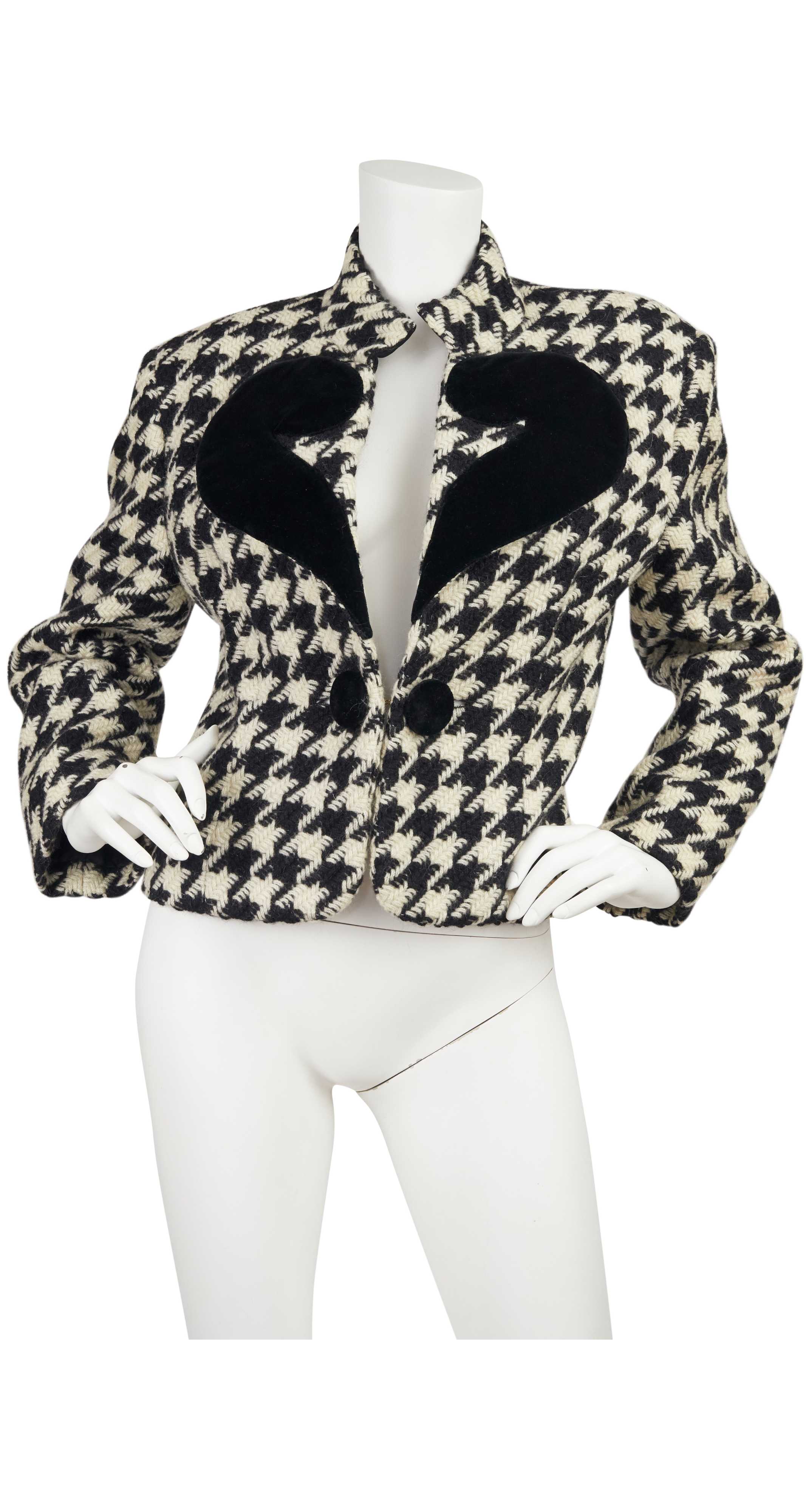1980s Cheap and Chic Velvet Question Mark & Wool Houndstooth Jacket
