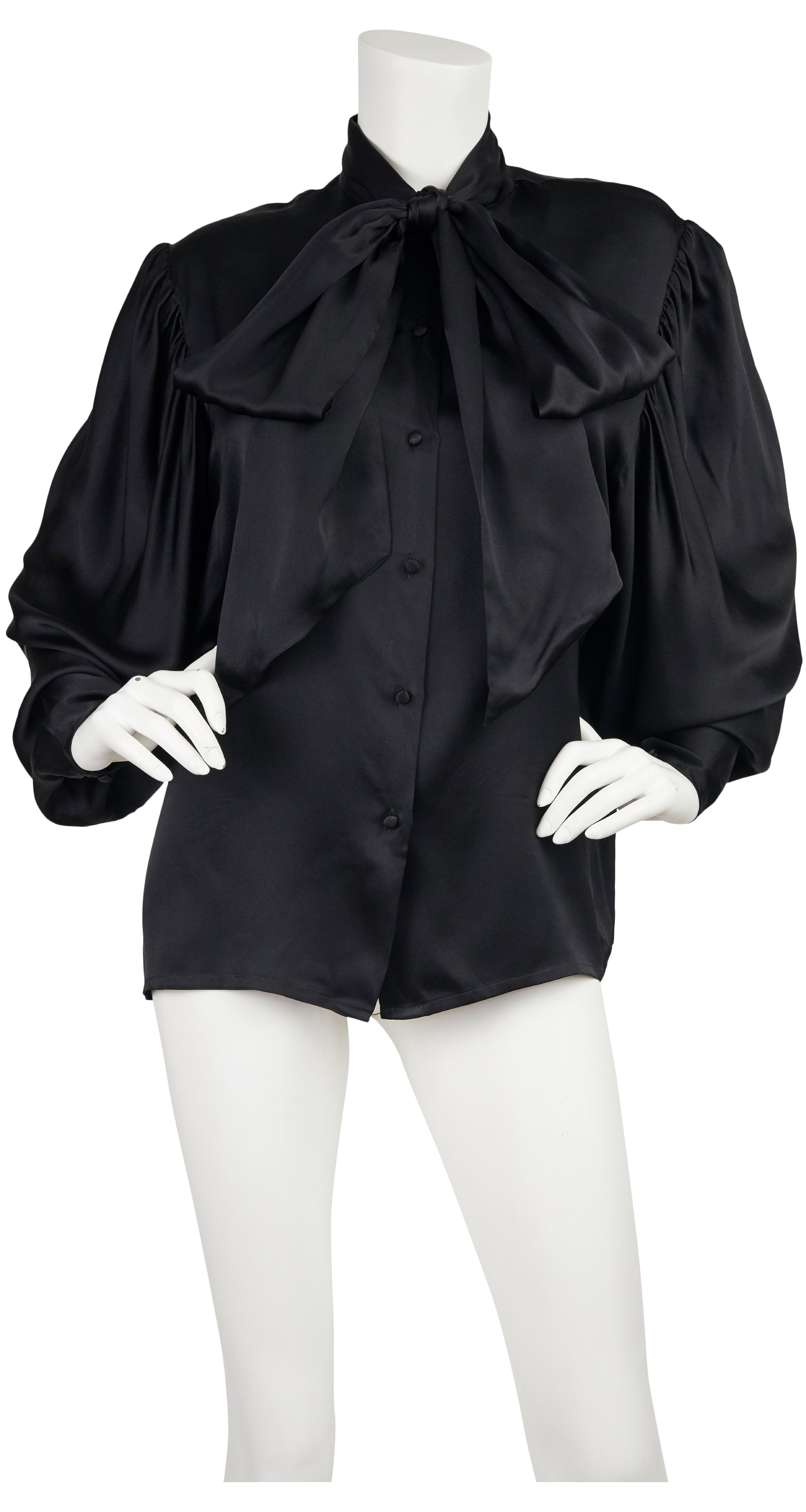 1970s Black Silk Pussy Bow Blouse