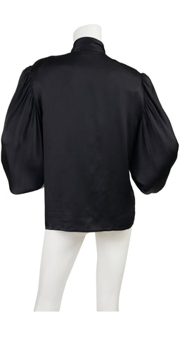 1970s Black Silk Pussy Bow Blouse