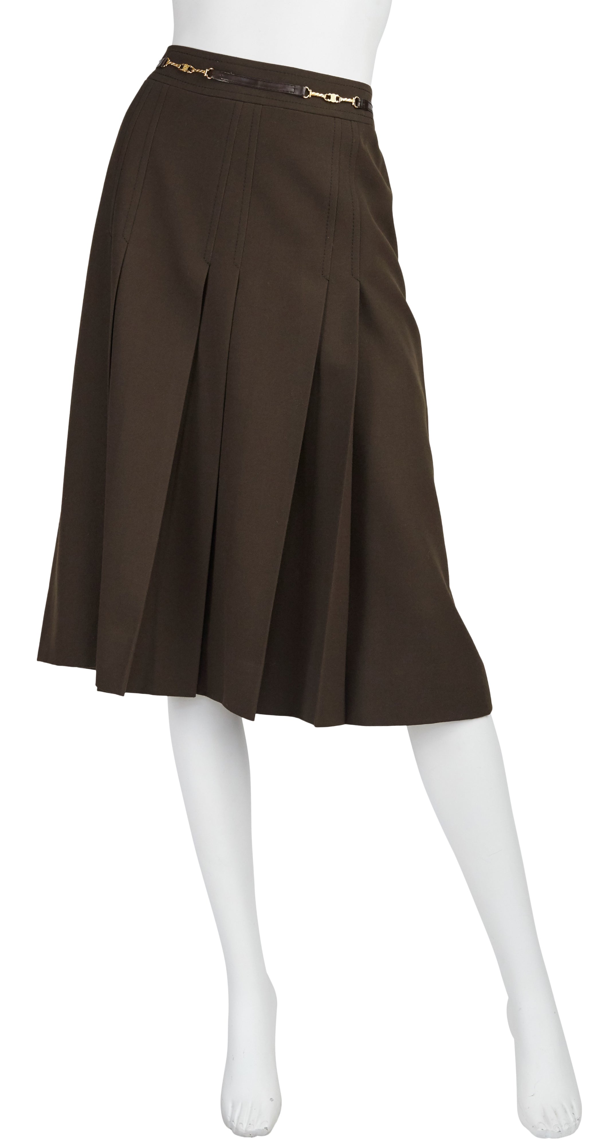 1970s Horsebit Brown Wool Pleated Skirt