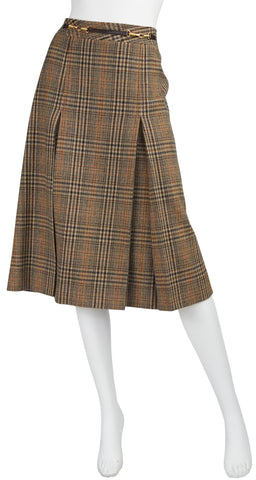 1970s Horsebit Brown Plaid Wool Pleated Skirt