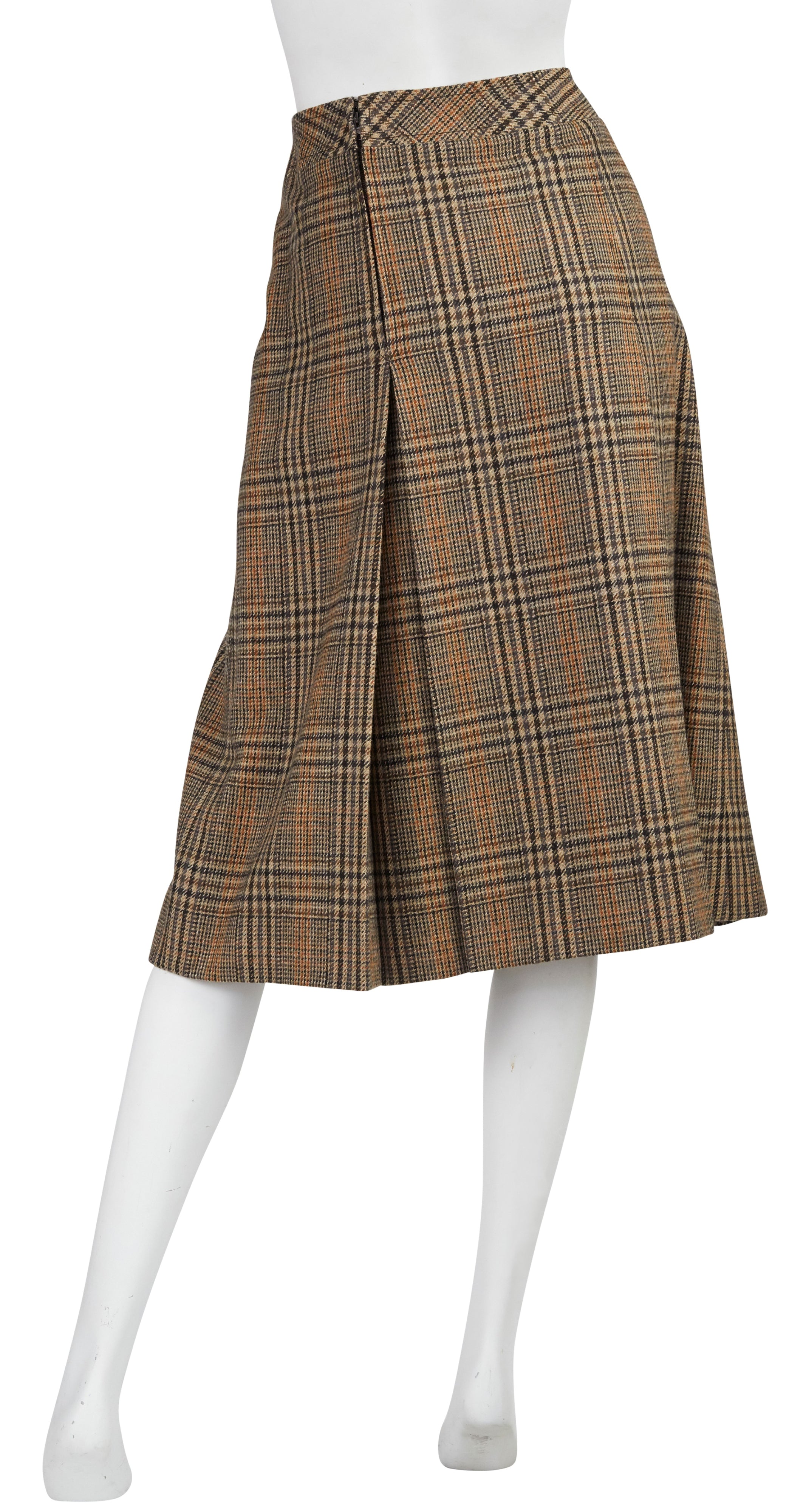 1970s Horsebit Brown Plaid Wool Pleated Skirt