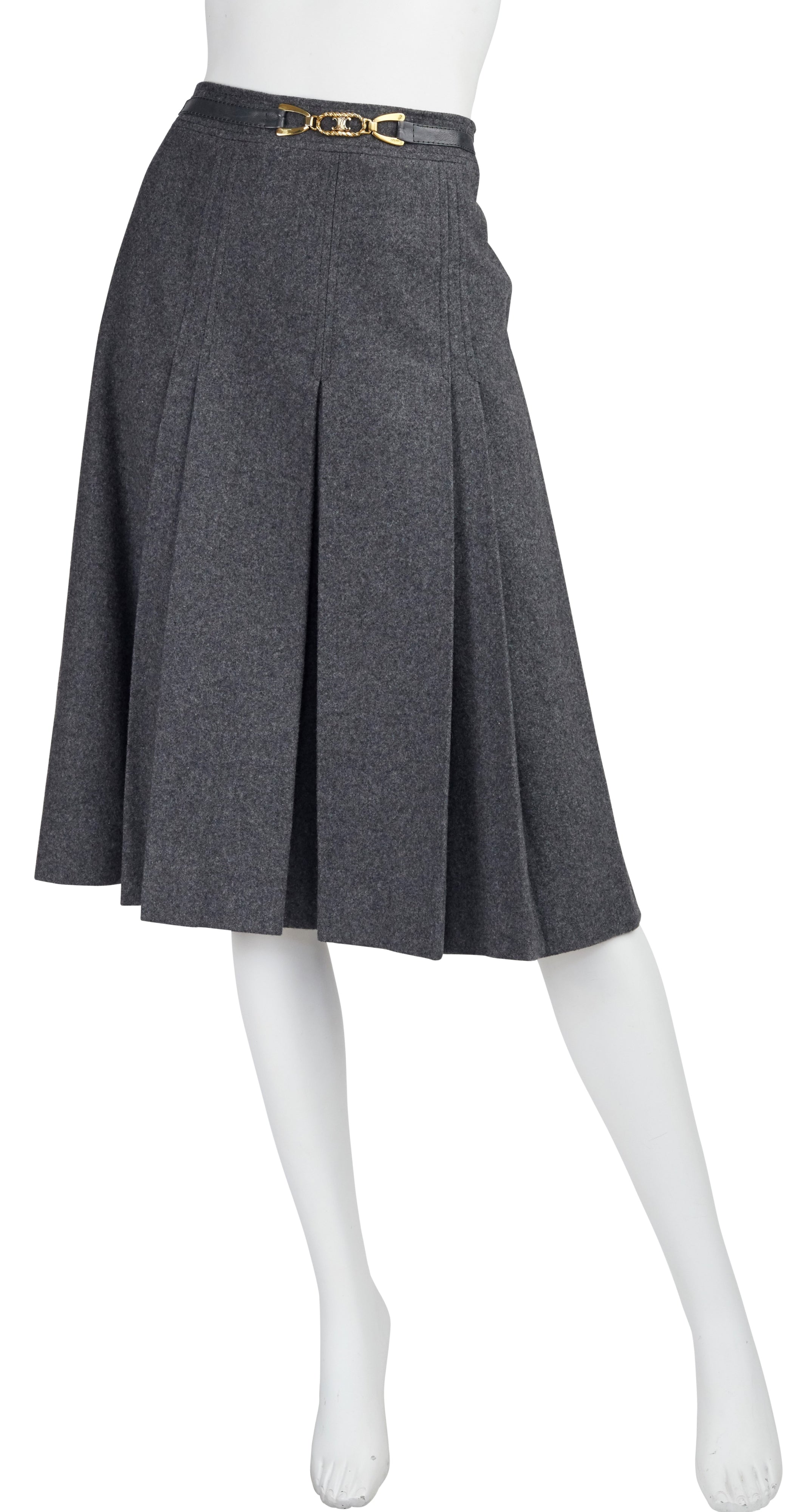 1970s Gold Buckle Gray Wool Pleated Skirt