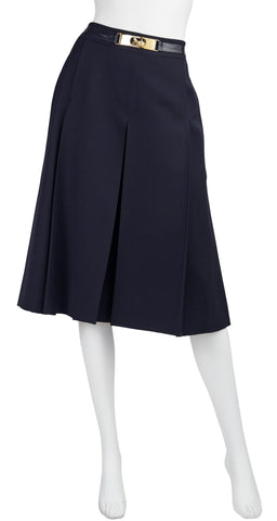1970s Gold Logo Buckle Navy Wool Pleated Skirt