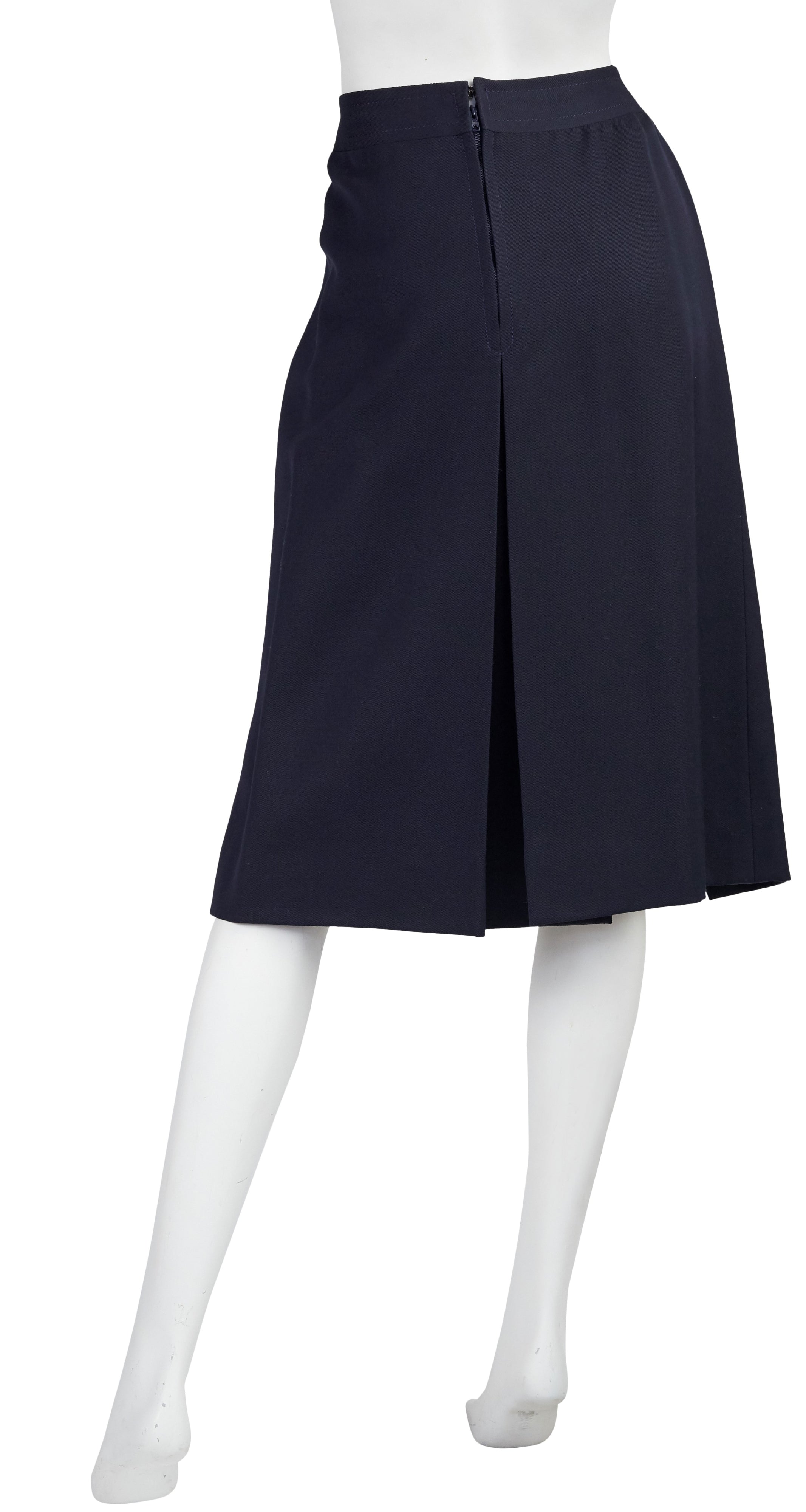 1970s Gold Logo Buckle Navy Wool Pleated Skirt