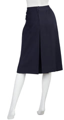 1970s Gold Logo Buckle Navy Wool Pleated Skirt