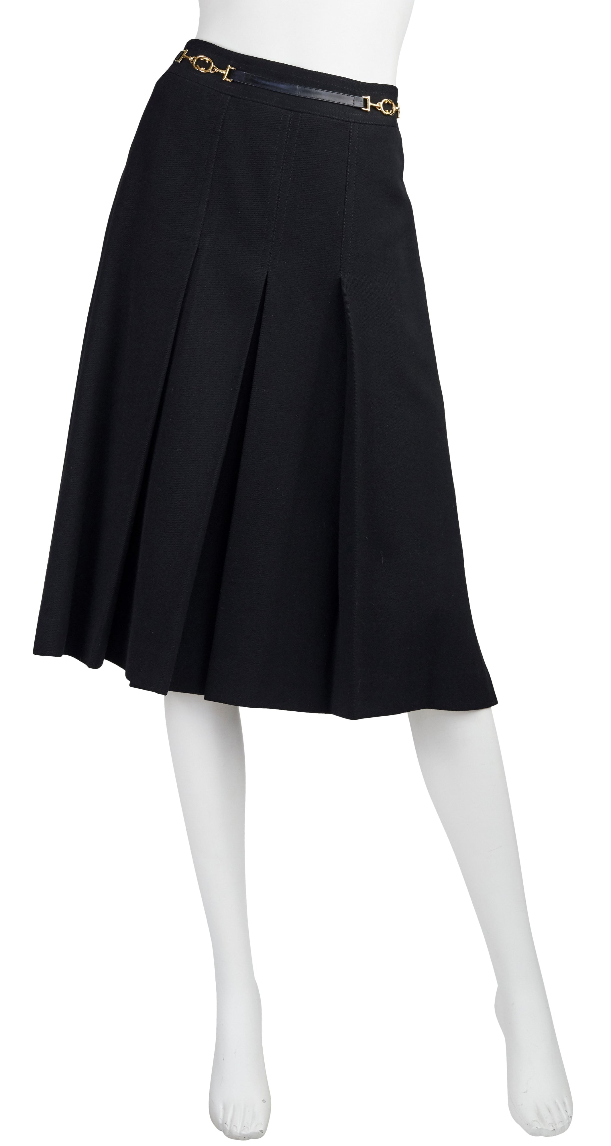 1970s Horsebit Black Wool Pleated Skirt