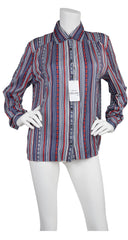 1970s Striped Chain-Link Cotton Button-Up Blouse