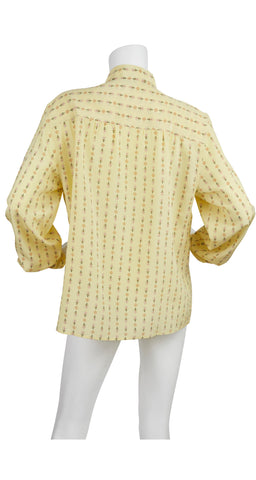 1970s Pale Yellow Print Silk Secretary Blouse
