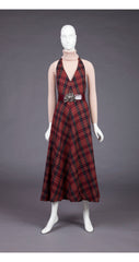 1970s Burgundy Plaid Wool Belted Maxi Skirt