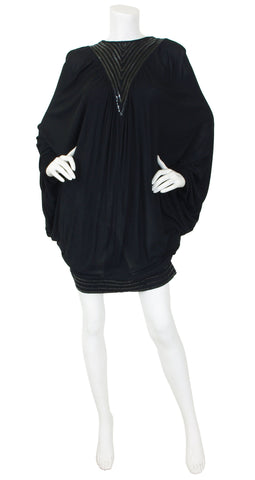1980s Sequin Black Cocoon Backless Tunic Mini Dress
