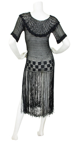 1920s Black Silk Knit Crochet Ruffle Fringe Dress