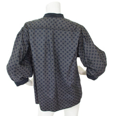1970s Geometric Silk Puff Sleeve Blouse