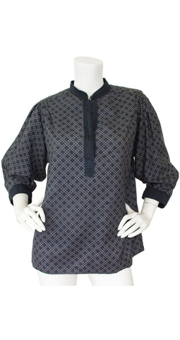 1970s Geometric Silk Puff Sleeve Blouse