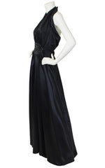 1940's Sequin Plunge Neck Black Liquid Satin Halter Gown