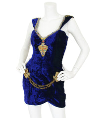 1990s Embellished Indigo Velvet Mini Dress