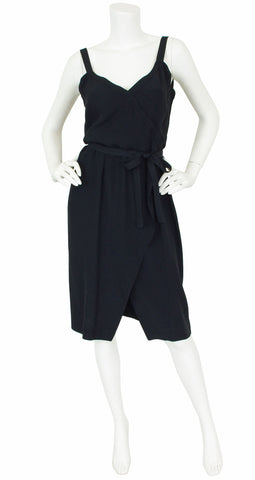 1970s Black Rayon Crepe Faux Wrap Dress